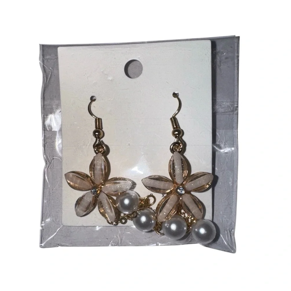Gold Tone and Pearl Flower Drop Earrings, New